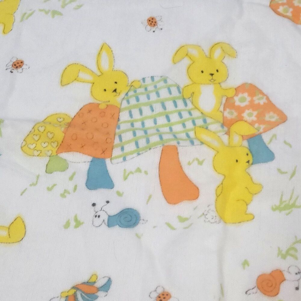 Vtg Woodland Bunny Mushroom Butterfly Baby Blanket 32 x 37 White Receiving